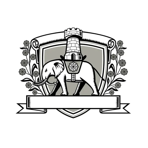 复古木刻纹章的纹章 图上大象头戴带有城堡或塔顶的鞍子的纹章 顶部的盾顶内侧 两边都有黄花 背景为孤立的白色 — 图库矢量图片
