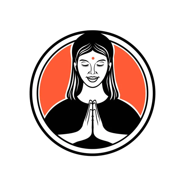 Ilustración Estilo Retro Una Niña Mujer India Namaste Namaskar Namaskaram — Vector de stock