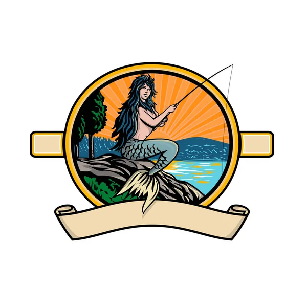 Retro Style Illustration Mermaid Fishing Rod Reel Fly Fishing Lake — Stock Vector