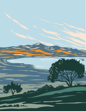 Salt Lake City 'deki Great Salt Lake ve Utah County' deki Antelope Adası 'ndaki Antilop Adası Eyalet Parkı' nın WPA poster sanatı.