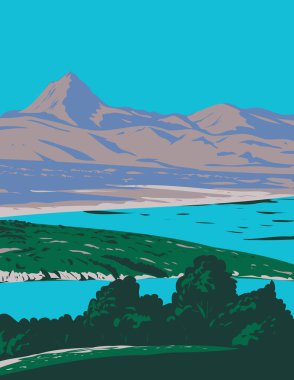 Alamo Gölü ve Topçu Tepesi merkezli Alamo Gölü Eyalet Parkı 'nın WPA poster sanatı Wenden, Arizona, ABD' de yer almaktadır..