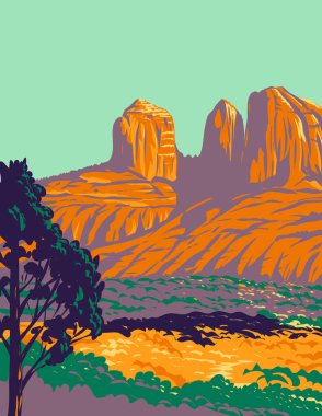 ABD 'nin Arizona, Sedona şehrinin dışındaki Red Rock State Park' ın kırmızı kumtaşı kanyonlu WPA poster sanatı proje yönetimi tarzında yapıldı..