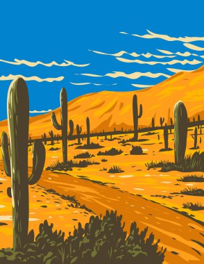 Picacho Peak State Park 'ın WPA poster sanatı. Picacho, Arizona' da Picacho Peak 'i çevreleyen Saguaro kaktüsü. Amerika Birleşik Devletleri..