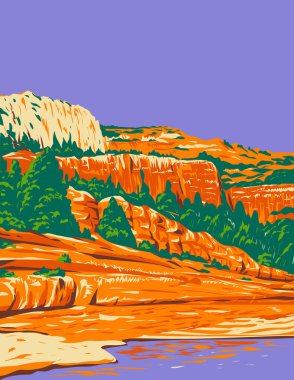 Amerika Birleşik Devletleri Sedona, Arizona 'da bulunan Oak Creek Canyon' da bulunan Slide Rock State Park 'ın WPA poster sanatı.