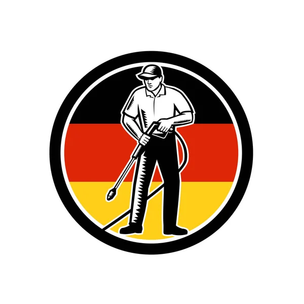 德国国旗内圈采用复古木刻式高压水雾洗涤器化学清洗英国工人的实例 — 图库矢量图片