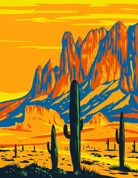 Wpa Poster Art Lost Dutchman State Park Showing Flat Iron — 스톡 벡터