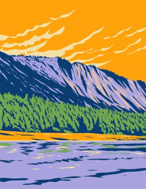 Thompson Falls Eyalet Parkı 'nın WPA poster sanatı batı Montana' daki Clark Fork Nehri, Amerika Birleşik Devletleri 'nin iş idaresi tarzında yapılmış hali..