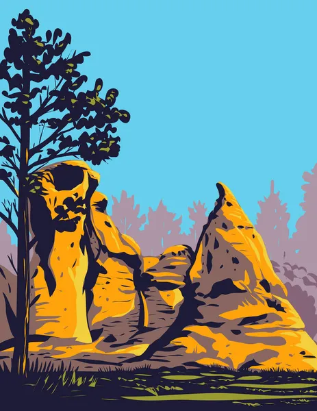 Wpa Poster Art Medicine Rocks State Park Sandstone Pillars Western — Vetor de Stock
