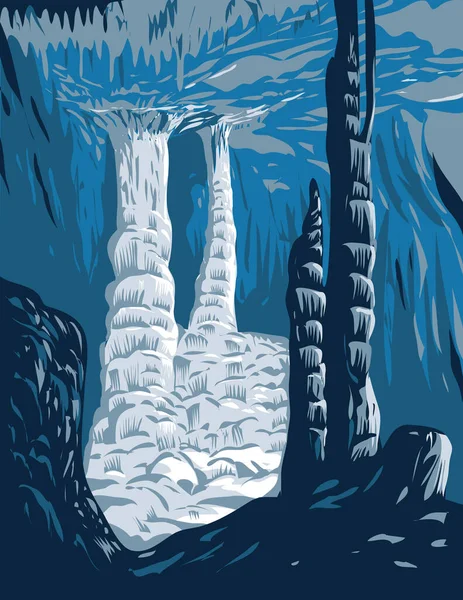 WPA 'nın Lewis ve Clark Mağaraları' nın poster sanatı Whitehall Jefferson County Montana 'nın doğusunda yer alan kireçtaşı mağara sisteminin iç mimarisi, ABD