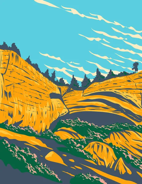 米国モンタナ州のイエローストーンにあるビリングスの南にあるピクトグラフ ケイブ州立公園のWpaポスターアートは 作品プロジェクト管理スタイルで行われました — ストックベクタ