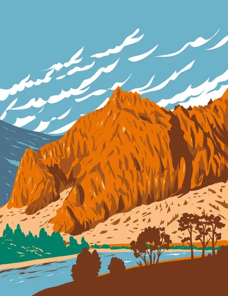 アメリカ モンタナ州のデル山火山フィールドのミズーリ川キャニオンへのタワーロック州立公園の入り口のWpaポスターアートは 作品のプロジェクト管理スタイルで行われました — ストックベクタ