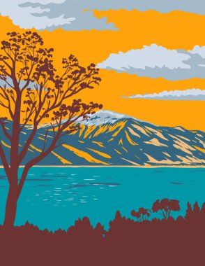 Washoe Gölü 'nün güneydoğu kıyısındaki Washoe Gölü' nün WPA poster sanatı Nevada 'da, Amerika Birleşik Devletleri' nin Washoe County 'de.