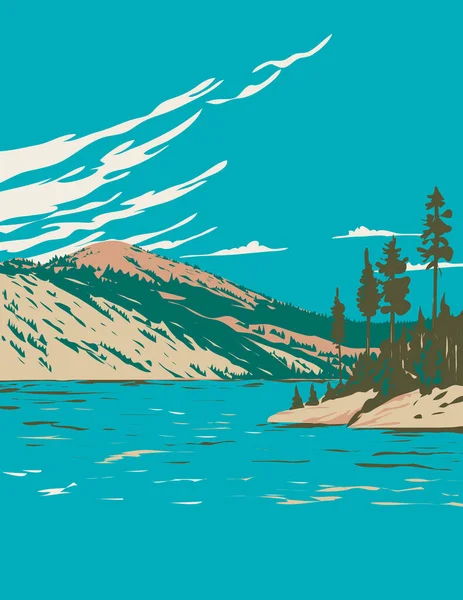 美国内华达州塔荷湖 内华达州立公园与马列特湖和霍巴特水库的世界和平协会海报艺术 以作品项目管理风格完成 — 图库矢量图片