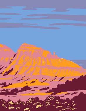 WPA 'nın afiş sanatı Caprock Canyons State Park ve Llano Estacado' nun doğu kıyısı boyunca uzanan Trailway boyunca Briscoe County, Teksas Amerika Birleşik Devletleri 'nde ABD çalışma projesi yönetim tarzında yapılmıştır.