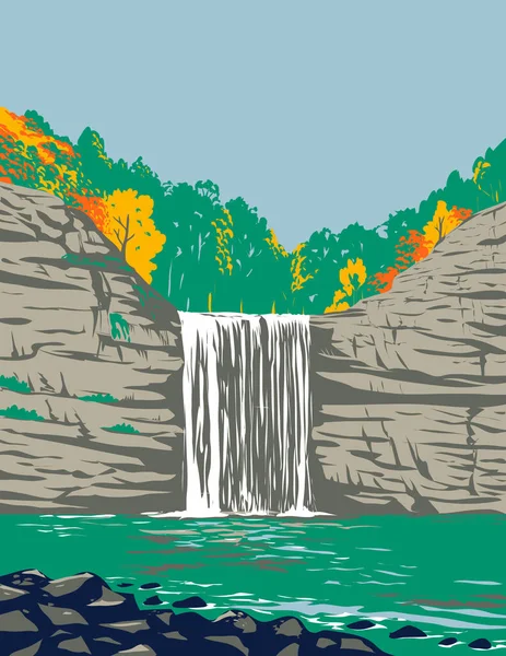 美国田纳西州范布伦和Bledsoe县上Cane Creek峡谷Fall Creek Falls State Resort Park的世界和平协会招贴画 以作品项目管理风格完成 — 图库矢量图片