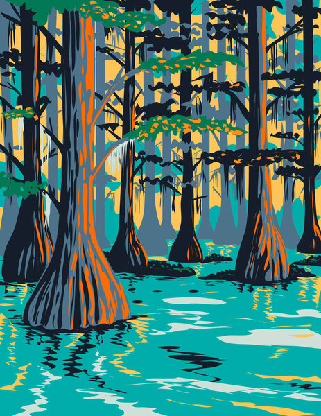WPA poster art of Caddo Lake State Park with bald cypress trees on lake and bayou in Harrison and Marion County East Texas, United States of America USA done in works project administration style