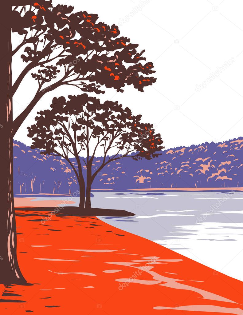 WPA poster art of Mousetail Landing State Park located on the eastern bank of Tennessee River in Perry County, Tennessee near Linden, United States USA done in works project administration style