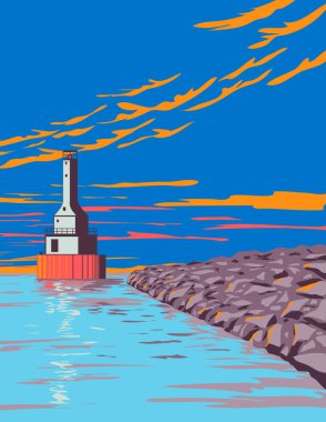 WPA poster art of a Lighthouse at FJ McLain State Park on the Keweenaw Peninsula in Houghton County, Michigan, United States of America USA done in works project administration style. clipart
