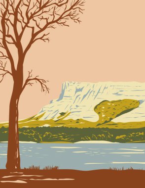 WPA poster sanatı Hawk Springs Eyalet Rekreasyon Alanı ile Goshen County, Wyoming 'deki La Grange' daki Bluffs Bear Mountain bölgesi Amerika Birleşik Devletleri iş yönetimi tarzında yapılmıştır.