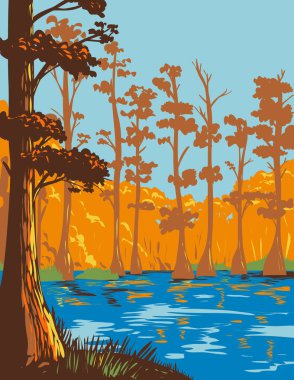 Cane Creek Eyalet Parkı 'nın WPA poster sanatı Bayou Bartholomew ile Lincoln County, Arkansas' taki Cane Creek Gölü 'nün kuzey kıyısında.