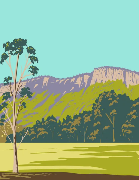 バゴー ブラフ国立公園のWpaポスターアートは ニューサウスウェールズ州のWauchopeの南西に位置しています オーストラリアは 作品プロジェクト管理や連邦アートプロジェクトスタイルで行われました — ストックベクタ