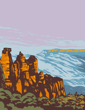 WPA 'nın Blue Mountains Ulusal Parkı' nda üç kız kardeş, Jamison Vadisi ve Echo Point 'ten Yeni Güney Galler' in batısına kadar olan Münzevi Dağlar 'ın poster sanatı Avustralya' da proje yönetiminde yapıldı.