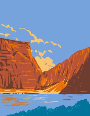 WPA poster art of Bighorn Canyon National Recreation Area with Bighorn Lake between the border of Wyoming and Montana, Wyoming, United States of America USA done in works project administration style
