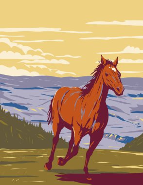 WPA poster art of mustang galloping in Pryor Mountain Wild Horse Range located in Carbon and Big Horn counties of Montana, United States of America USA done in works project administration style