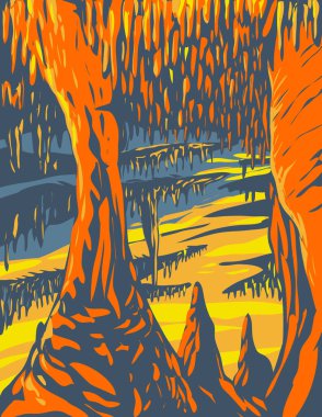 WPA poster art of Mammoth Cave National Park encompassing portions of Mammoth Cave in west-central Kentucky, United States USA done in works project administration style or federal art project style