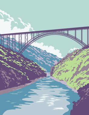 WPA poster art of New River Gorge National Park and Preserve in the Appalachian Mountains in southern West Virginia United States in works project administration style or federal art project style
