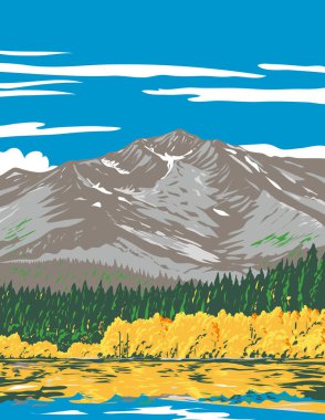 WPA poster art of Fallen Leaf Lake viewed from Taylor Creek Trail in the fall located in El Dorado County, California, United States done in works project administration style