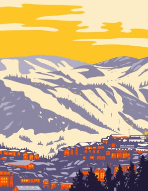 WPA poster art of Park City east of Salt Lake City with the Wasatch Range part of the Wasatch Back in the Rocky Mountains in Utah, United States done in works project administration style. clipart