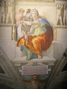18 Ocak 2022, AUCKLAND, NEW ZEALAND: Michelangelo sergisi sırasında Michelangelo 'nun Sistine Şapeli' nde yaptığı Delphic Sibyl tavan freskinin yakın plan fotoğrafı.