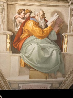 Jan 18, 2022, AUCKLAND, NEW ZEALAND: Close-up photo of the Prophet Zechariah ceiling fresco painting by Michelangelo in the Sistine Chapel during the Michelangelo exhibition. clipart