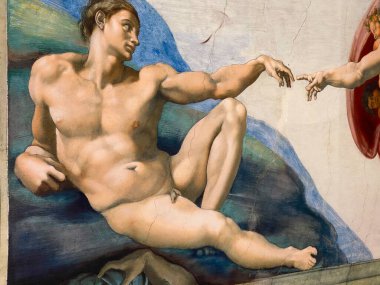 Ocak 18, 2022, AUCKLAND, NEW ZEALAND: Michelangelo 'nun Michelangelo sergisi sırasında yaptığı Genesis Tavan Freski tablosundan Adem' in yaratılışının yakın çekimi.