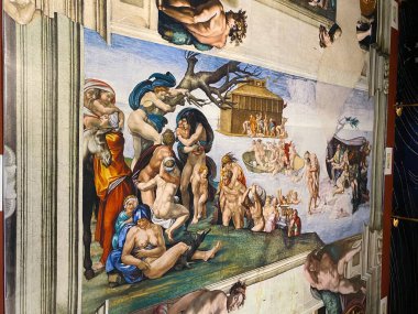 18 Ocak 2022, AUCKLAND, NEW ZEALAND: Michelangelo sergisi sırasında Michelangelo 'nun Sistine Şapeli' nde yaptığı Genesis Tavan Freski tablosundan Sel 'in yakın plan fotoğrafı.