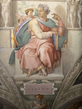 18 Ocak 2022, AUCKLAND, NEW ZEALAND: Yeni Zelanda 'daki Michelangelo sergisi sırasında Michelangelo' nun Sistine Şapeli 'nde yaptığı Peygamber Isaiah' ın tavanlı fresk resmi.