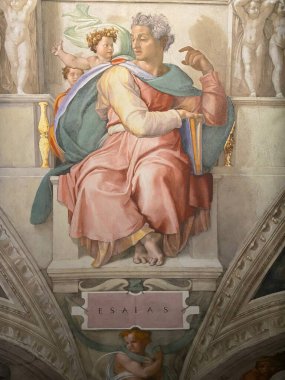 Jan 18, 2022, AUCKLAND, NEW ZEALAND: Close-up photo of The Prophet Isaiah ceiling fresco painting by Michelangelo in the Sistine Chapel during the Michelangelo exhibition in Auckland, New Zealand. clipart