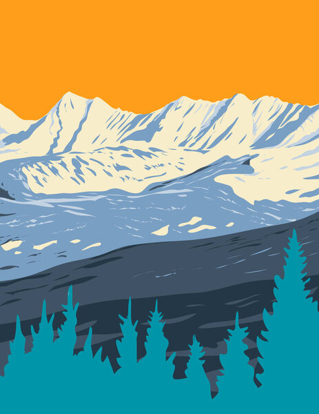 WPA Poster Art of Vail Mountain ski area located in Vail, Colorado, United States USA done in works project administration style or federal art project style.