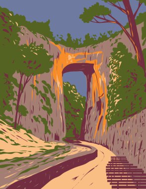 Doğal Köprü Parkı 'nın WPA poster sanatı. Rockbridge County, Virginia' da ABD 'de doğal kemer. Proje yönetimi tarzında veya federal sanat projesi tarzında yapılmış.