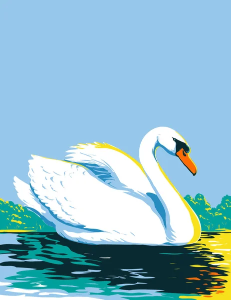 Arte Del Cartel Wpa Cisne Mudo Cygnus Olor Nadando Lago — Vector de stock