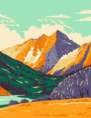 WPA poster art of the Maroon Bells in the Elk Mountains, Maroon Peak and North Maroon Peak in Pitkin County and Gunnison County, Colorado, United States USA done in works project administration style. clipart
