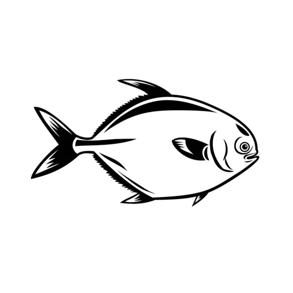 家族の中で黄金のザリガニやトラチノトスのマスコットイラストカランギアは レトロな黒と白のレトロなスタイルで隔離された白の背景に側面から見た中味の魚 — ストックベクタ