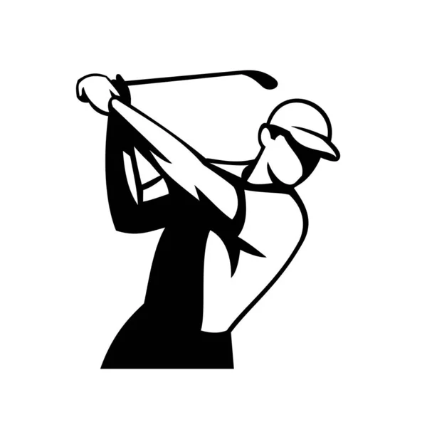 从正面看高尔夫球手挥动高尔夫球杆的吉祥物 其背景为孤立的白色 复古的黑白风格 — 图库矢量图片