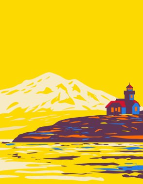 San Juan Adaları takımadalarının Washington eyaleti ile Vancouver Adası arasındaki Pasifik Kuzeybatı takımadasının Retro WPA illüstrasyonu, çalışma projesi yönetimi veya federal sanat projesi tarzında yapılmıştır..