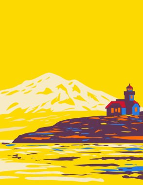 San Juan Adaları takımadalarının Washington eyaleti ile Vancouver Adası arasındaki Pasifik Kuzeybatı takımadasının Retro WPA illüstrasyonu, çalışma projesi yönetimi veya federal sanat projesi tarzında yapılmıştır..