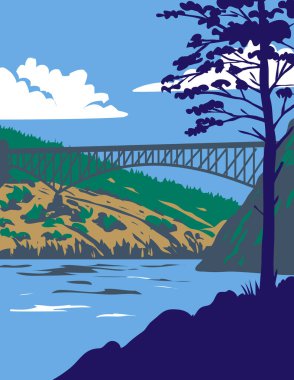 Retro WPA illustration of Deception Pass State Park with Whidbey Island and Fidalgo Island, in Washington State. USA done in works project administration or federal art project style. clipart