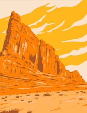 WPA poster art of The Organ within Courthouse Towers cluster in Arches National Park located in Moab, Utah, United States USA done in works project administration style.