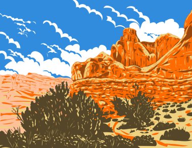 ABD 'nin Moab, Utah kentindeki Arches Ulusal Parkı' nda bulunan Arches Yolu 'ndaki Park Avenue Patikası poster sanatı.