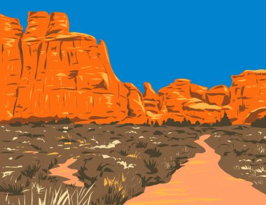 ABD 'nin Moab, Utah kentindeki Arches Ulusal Parkı' nda bulunan Arches Yolu 'ndaki Park Avenue Patikası poster sanatı.